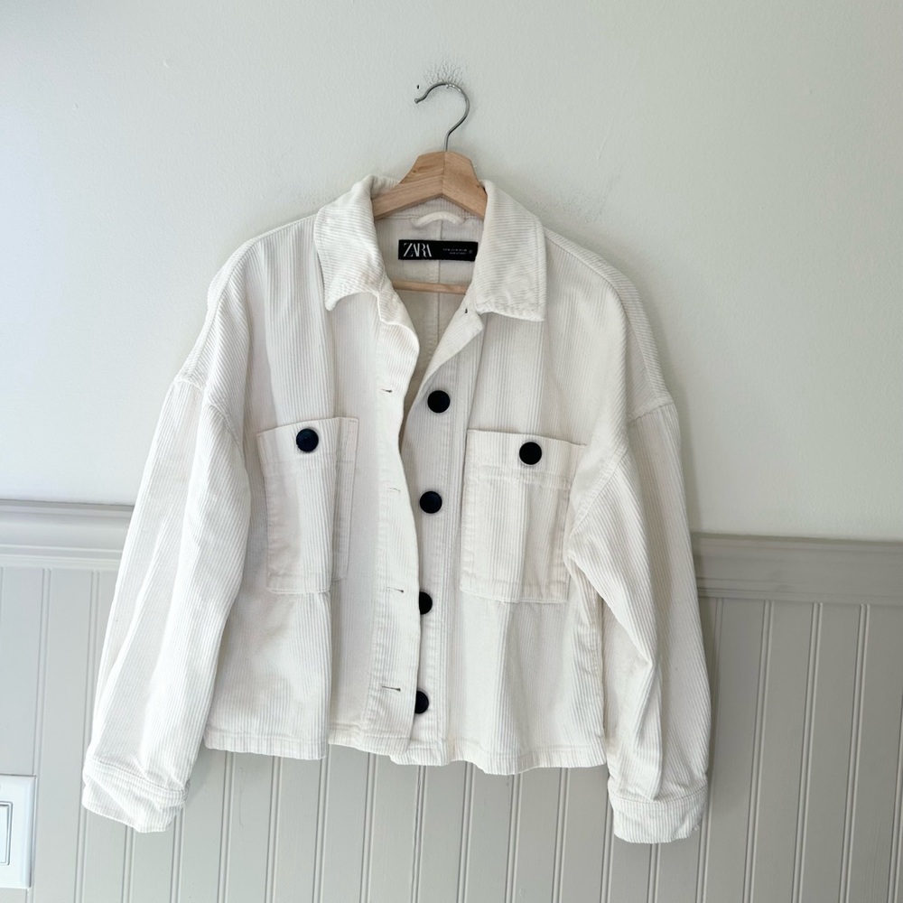 Zara Ivory Corduroy Cotton Jacket Button Up Size Medium Utility Pocket